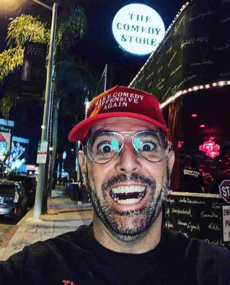 Sam Tripoli wearing the Make Comedy Offensive Again at the Comedy Store
